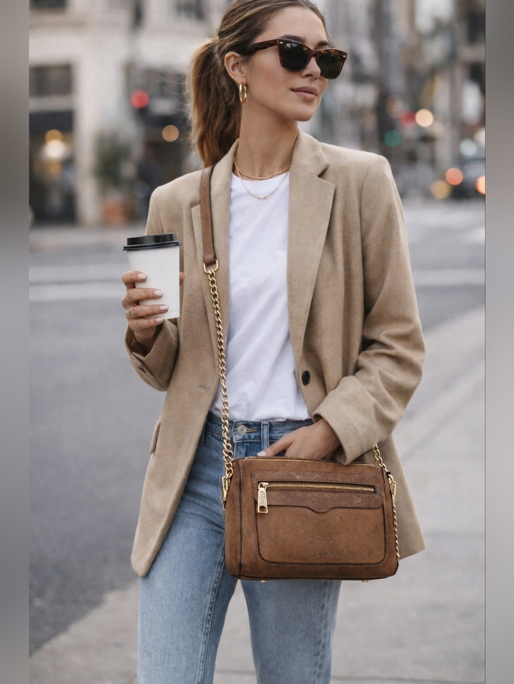 REBECCA MINKOFF Brown LEATHER Crossbody AVERY Gold Chain Strap Women's PURSE Bag